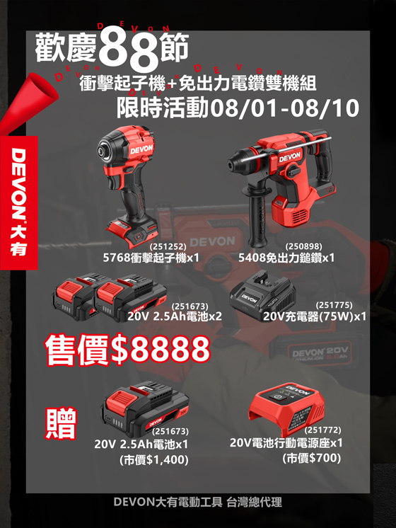 歡慶8/8父親節20V起子機+電鑽雙機組促銷登場