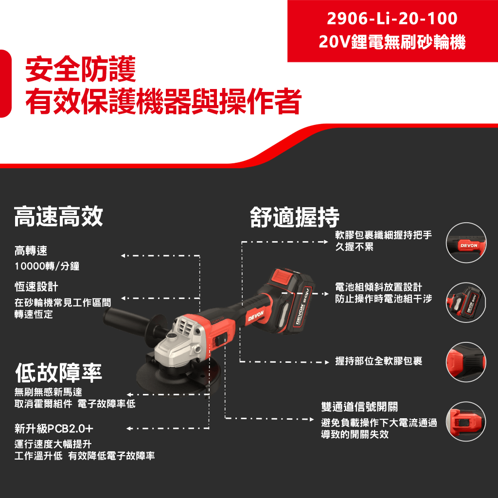 2906-Li-20AG100 20V 鋰電無刷砂輪機