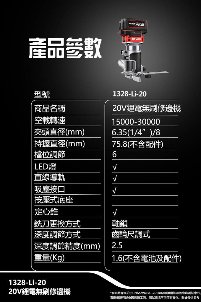 1328-Li-20 充電無刷修邊機