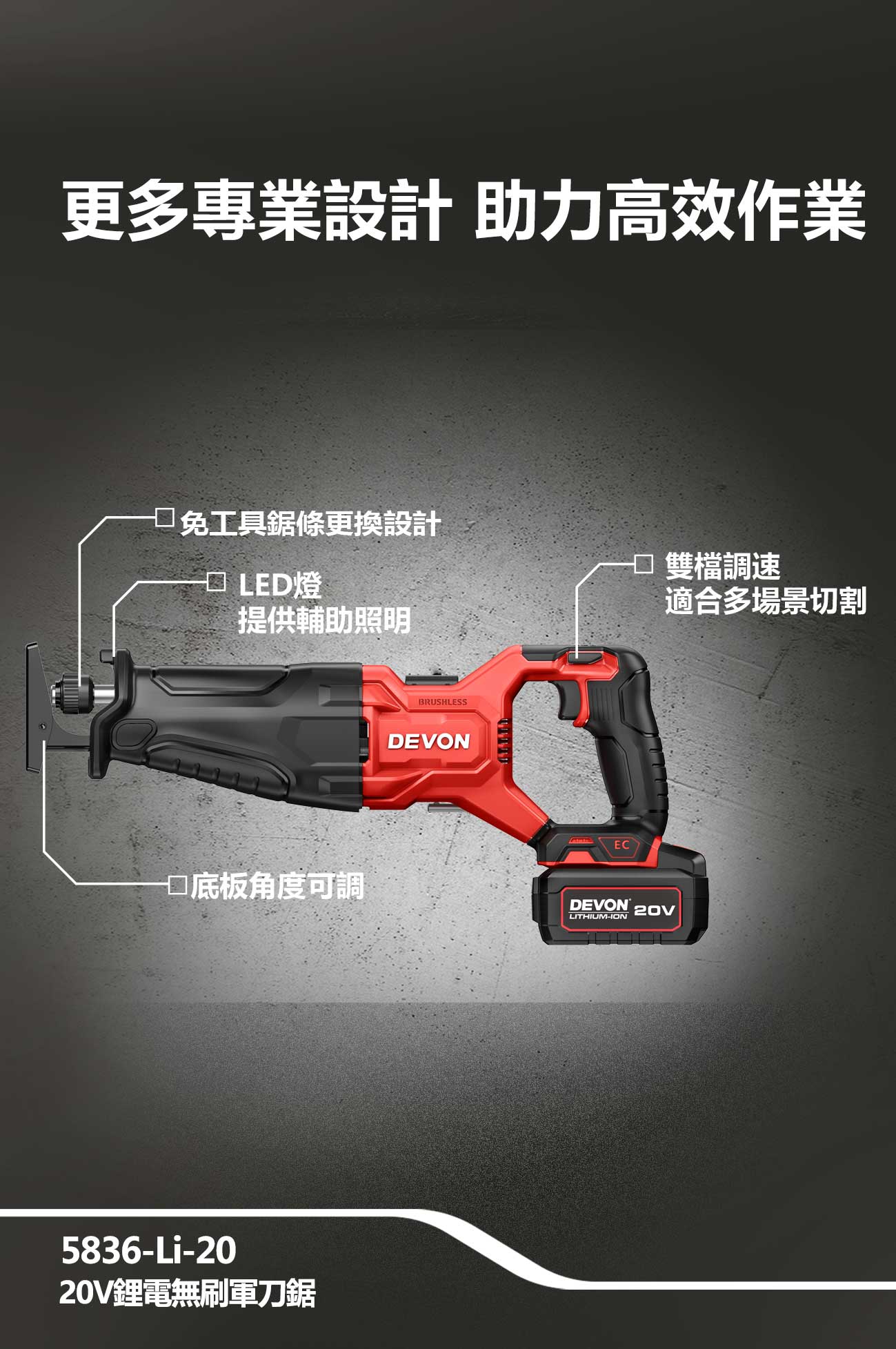 新品登場 5836-Li-20 鋰電無刷軍刀鋸