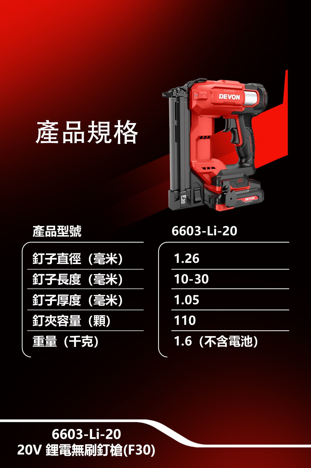新品登場 6603-Li-20鋰電無刷釘槍(F30)