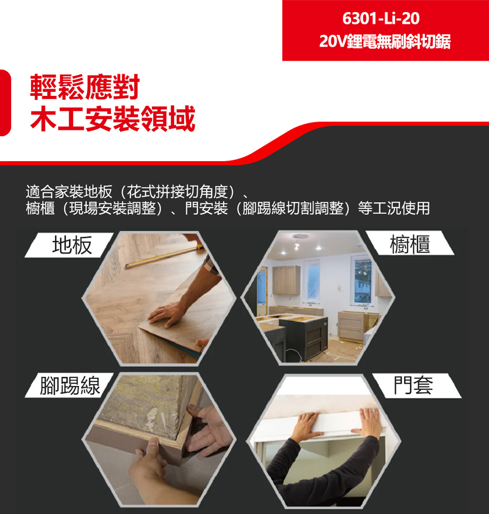新品登場 6301-Li-20 鋰電無刷斜鋸機