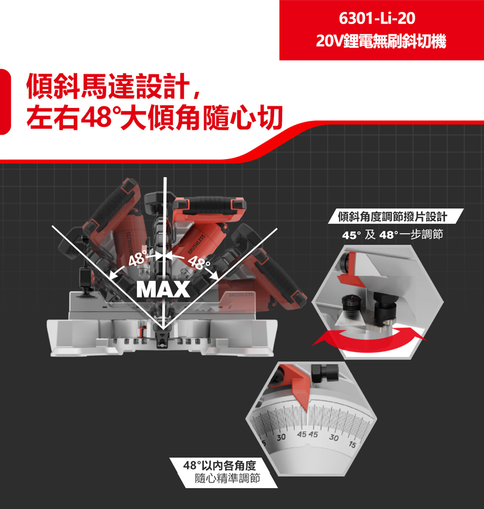6301-Li-20 鋰電無刷斜鋸機