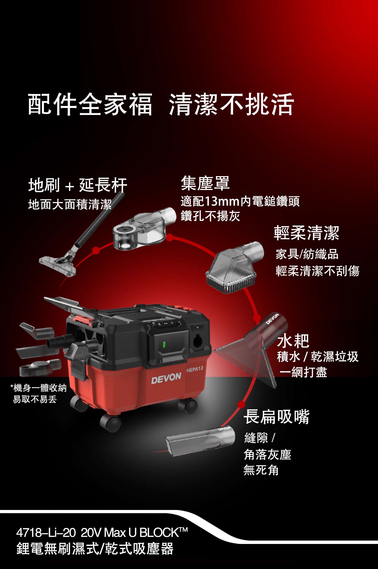新品登場 4718-Li-20鋰電無刷乾/濕兩用吸塵器(17000Pa)