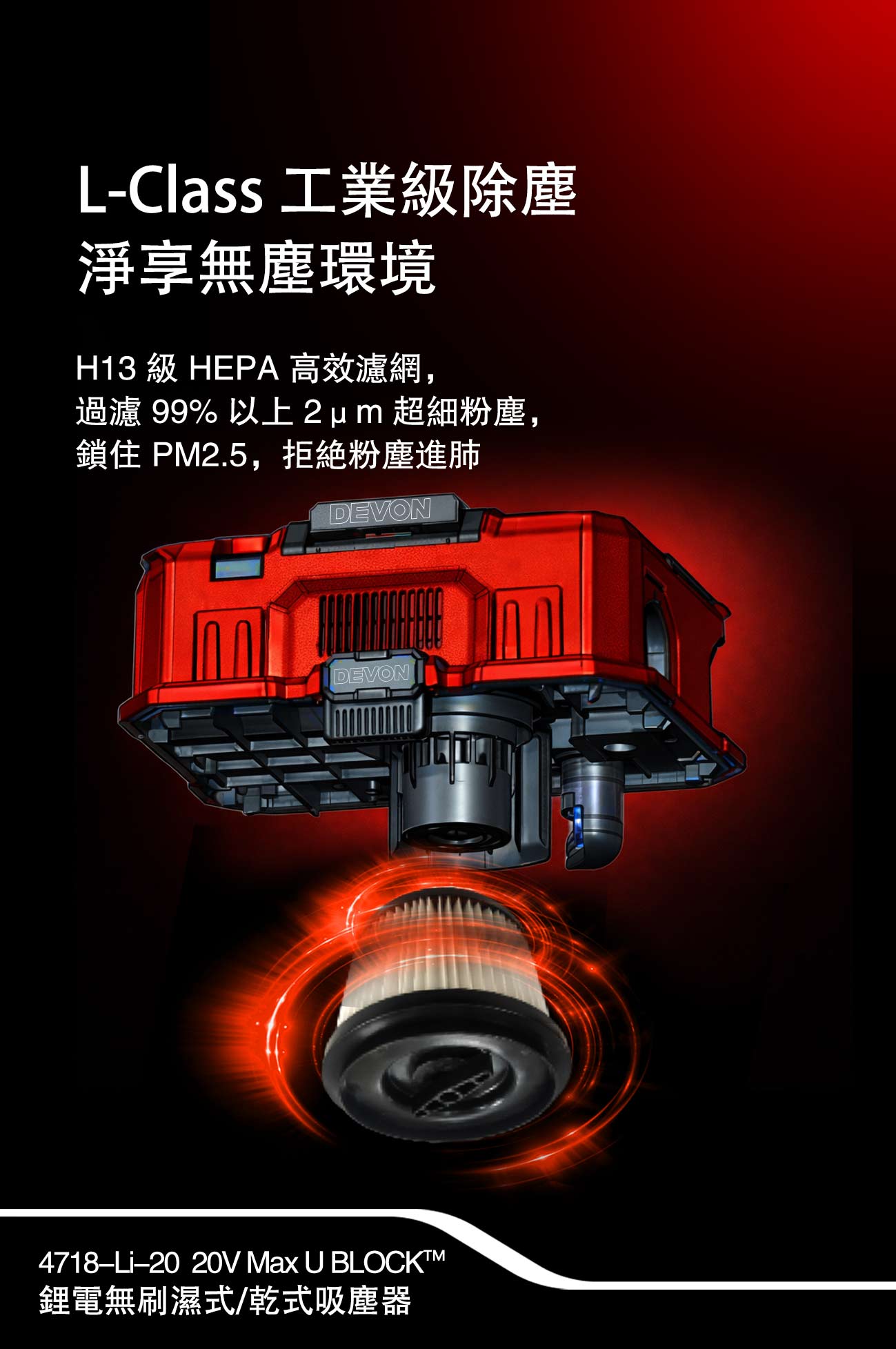 新品登場 4718-Li-20鋰電無刷乾/濕兩用吸塵器(17000Pa)